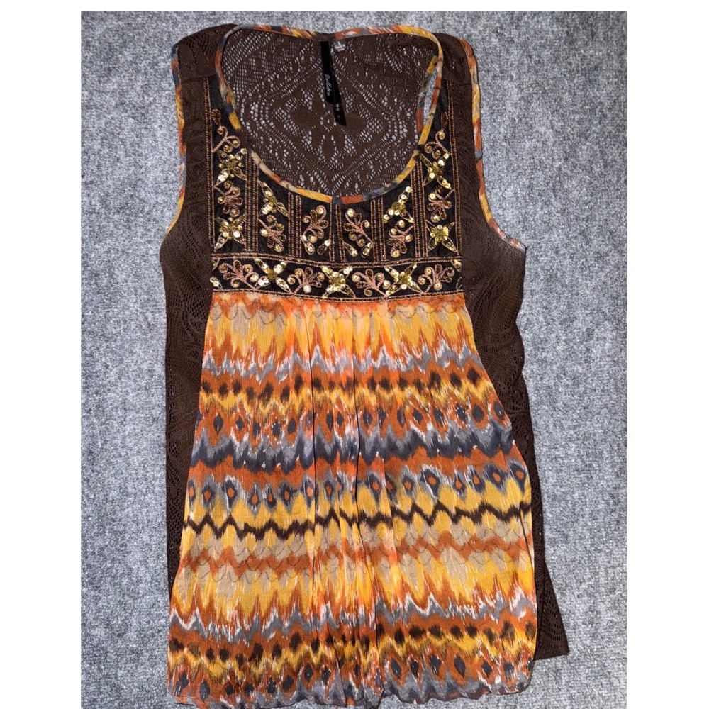 Y2K Bellatrix 100% Silk Boho Tank Top Brown Lace Print Sequin Embellished Large